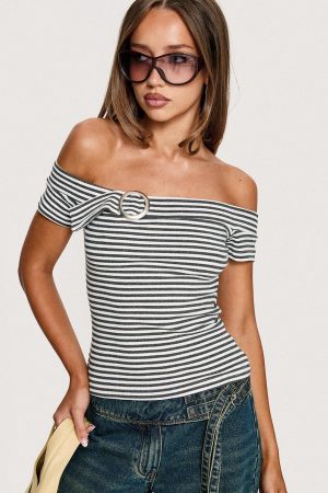 Kiela Off Shoulder Hardware Detail Top Grey / White Stripe