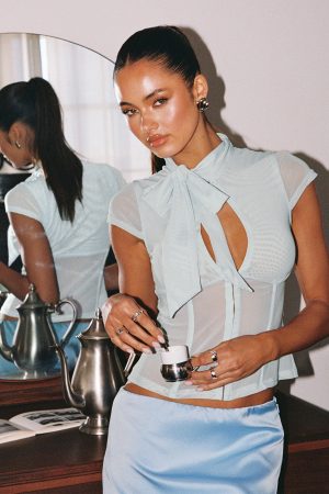 Anistasia Mesh Keyhole Corset Top Icy Blue