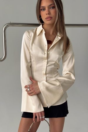 Emalona Long Sleeve Satin Top Cream