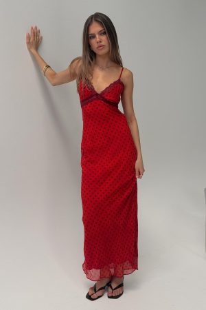 Adasia Lace V Neck Maxi Dress Red Polka Dot