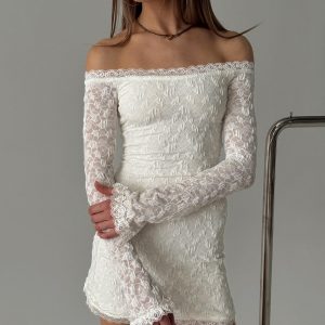 Avenues Long Sleeve Lace Mini Dress White
