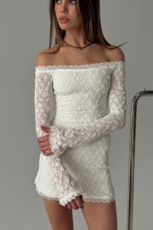 Avenues Long Sleeve Lace Mini Dress White