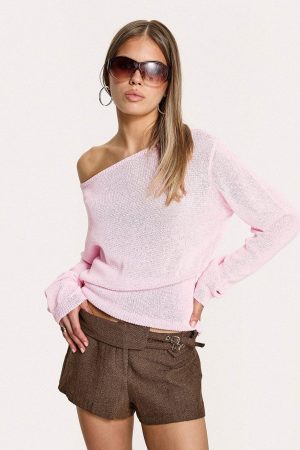 Xaria Off Shoulder Knit Sweater Pink
