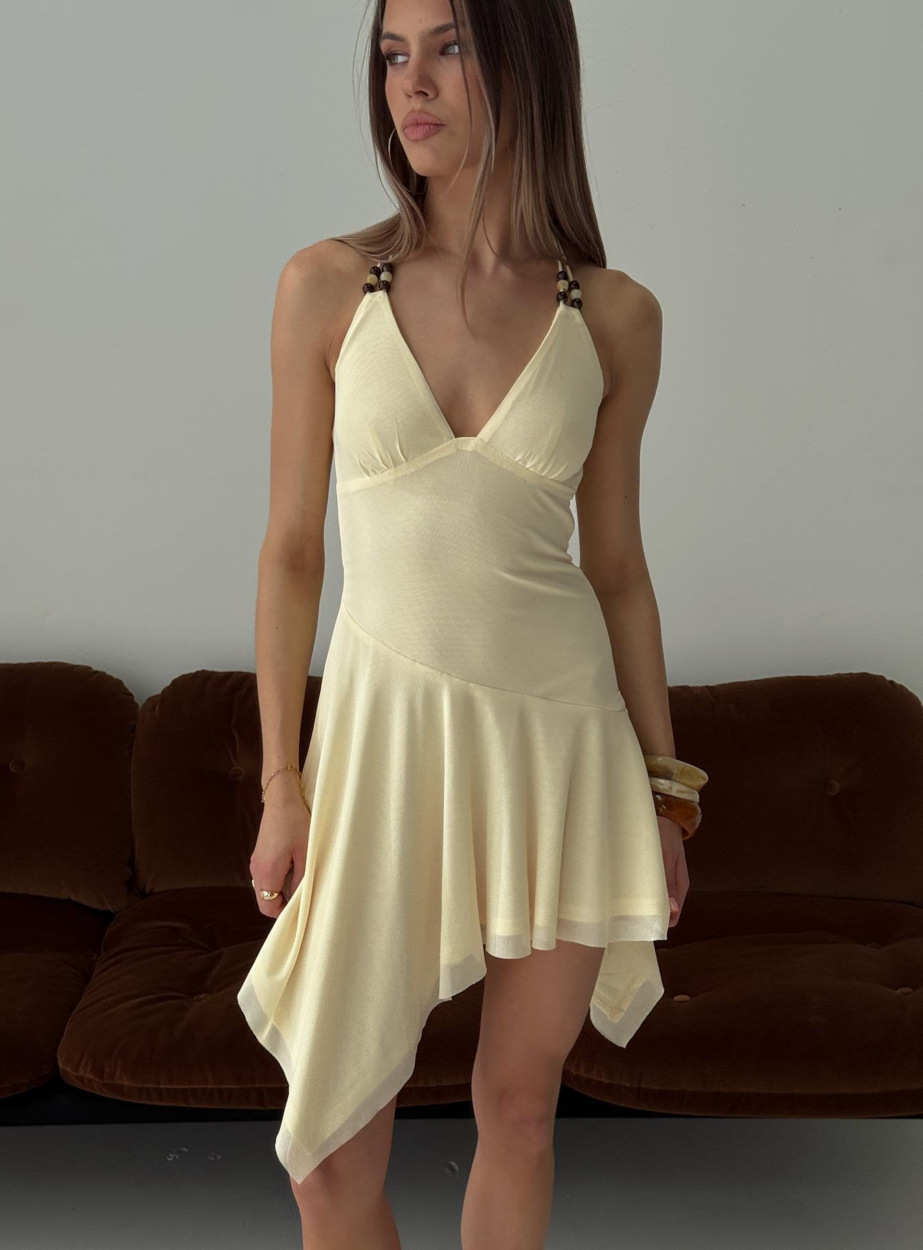 Rush Beaded Asymmetrical Halter Mini Dress Yellow - Image 8