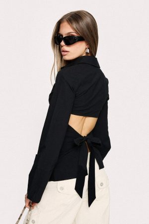 Lesper Long Sleeve Tie Back Top Black