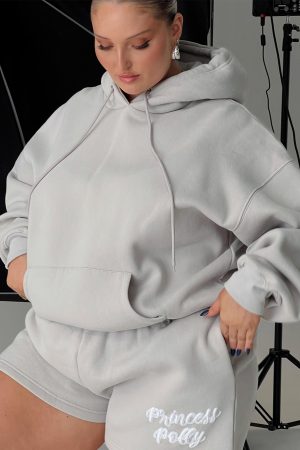Princess Polly Hooded Sweatshirt Puff Text Grey Curve