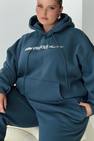 Princess Polly Hooded Sweatshirt Block / Cursive Text Slate Curve