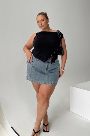 Zakai Cargo Denim Mini Skirt Light Blue Denim Curve