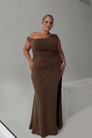 Rios One Shoulder Maxi Dress Brown Curve