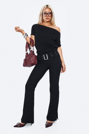 Kortnee Eyelet Detail Flare Leg Pants Black