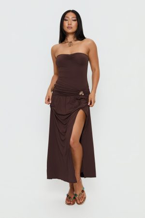 Alexe Strapless Ruched Maxi Dress Chocolate