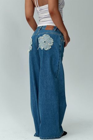 A Keeper Flower Patch Low Rise Wide Leg Jeans Mid Blue