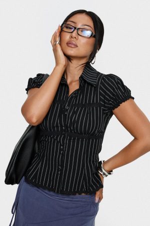 Deserve You Puff Sleeve Button Front Top Black Stripe