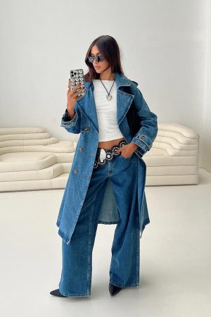 Honeyed Denim Trench Coat Mid Wash