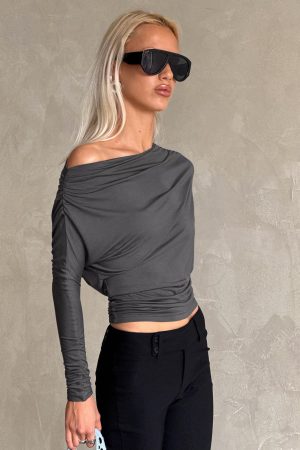 Party Hour Off Shoulder Top Charcoal