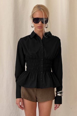As You Are Shirred Button Up Top Black