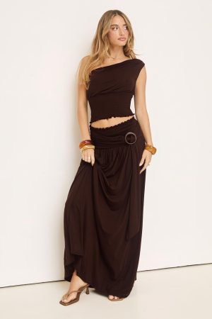 Full Orbit Shirred Maxi Skirt Chocolate Brown