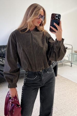 Mastery Faux Suede Bomber Jacket Charcoal