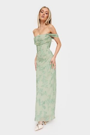 Azura Off The Shoulder Maxi Dress Green Burnout