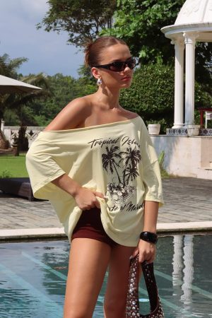 Tropical Islands Off Shoulder Graphic Tee Yellow