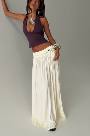 Velvet Storm Tie Detail Flowy Maxi Skirt Cream