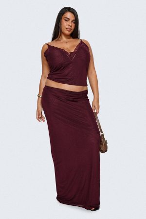 Reiko Lace Trim Tie Front Maxi Set Burgundy Curve