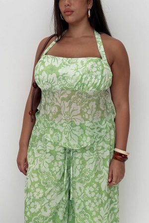 Finesse Halter Top Green Floral Curve