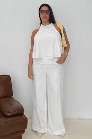 Silver Moon Linen Blend Tie Pants White Curve