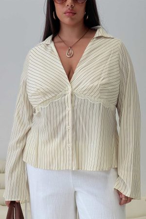 Life Begins Long Sleeve Lace Trim Top Cream Stripe Curve