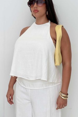 Aquaria Halter Linen Blend Top White Curve