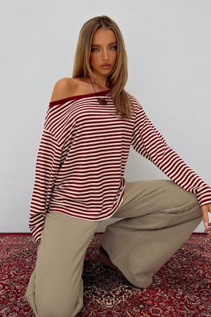 Ralyssa Off Shoulder Long Sleeve Top Red Stripe
