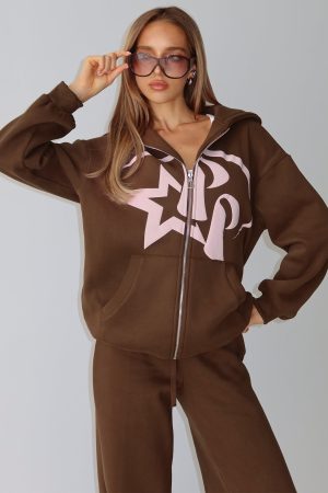Princess Polly Stargirl Zip Through Jumper Brown