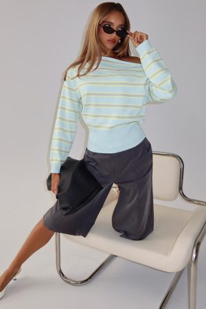 Zinia Off Shoulder Knit Sweater Grey / Blue Stripe