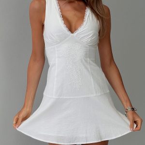 Splashy Lace Trim Mini Dress White