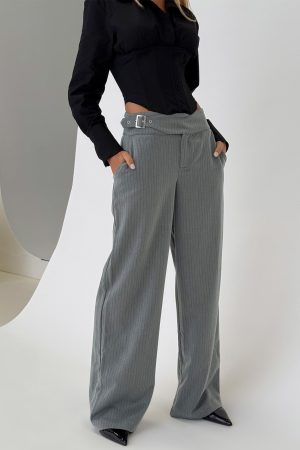 Jinny Relaxed Buckle Tailored Pants Grey Pinstripe
