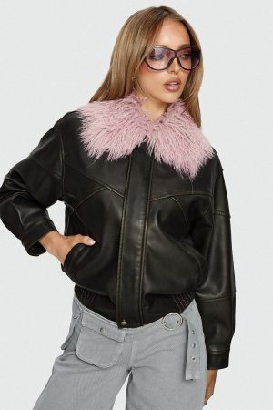 Brittanni Fluffy Collar Jacket Brown / Pink