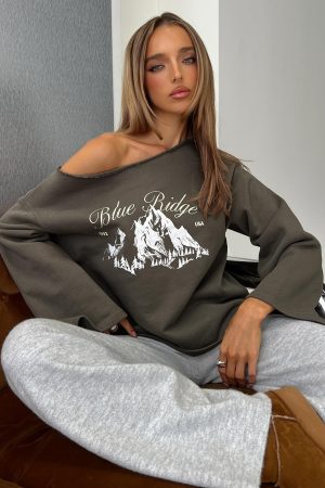Blue Ridge Mountains Off Shoulder Graphic Sweater Grey