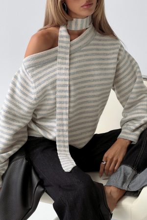 Ruthi Scarf Off Shoulder Knit Sweater Neutral Stripe