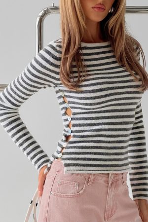 Annalyse Long Sleeve Button Detail Top Stripe