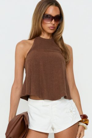 Aquaria Halter Linen Blend Top Chocolate