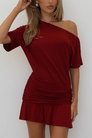 Haylo Off Shoulder Drape Mini Dress Burgundy