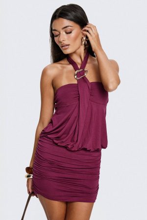 Nicolea Halter Hardware Mini Dress Plum
