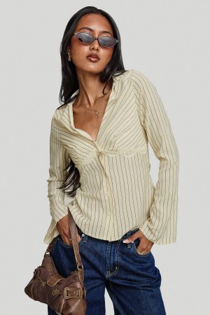 Life Begins Long Sleeve Lace Trim Top Cream Stripe