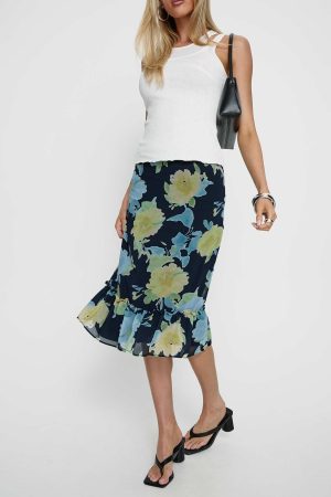Tarla Midi Skirt Crystal Black Flower