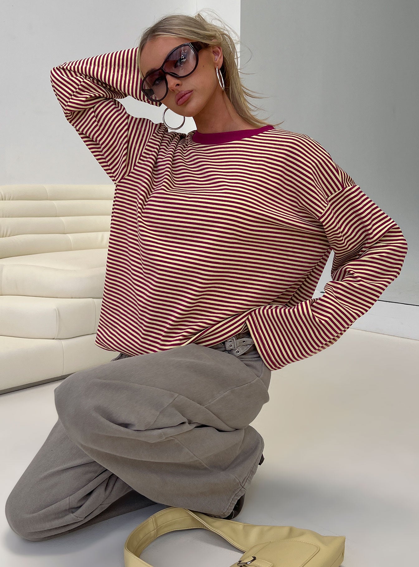 Settle Down Long Sleeve Top Lemon / Burgundy Stripe - Image 8