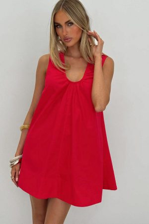 Eberta Ruched Baby Doll Mini Dress Red