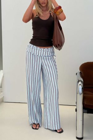 Silver Moon Linen Blend Tie Pants Blue / Maroon Stripe