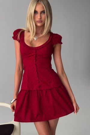Ottillie Lace Trim Button Down Mini Dress Red Polka Dot