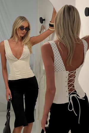 Briannah Contrast Corset Top Cream Polka Dot