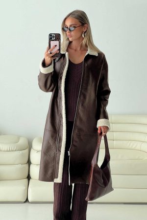 Ammelia Shearling Long-line Jacket Brown